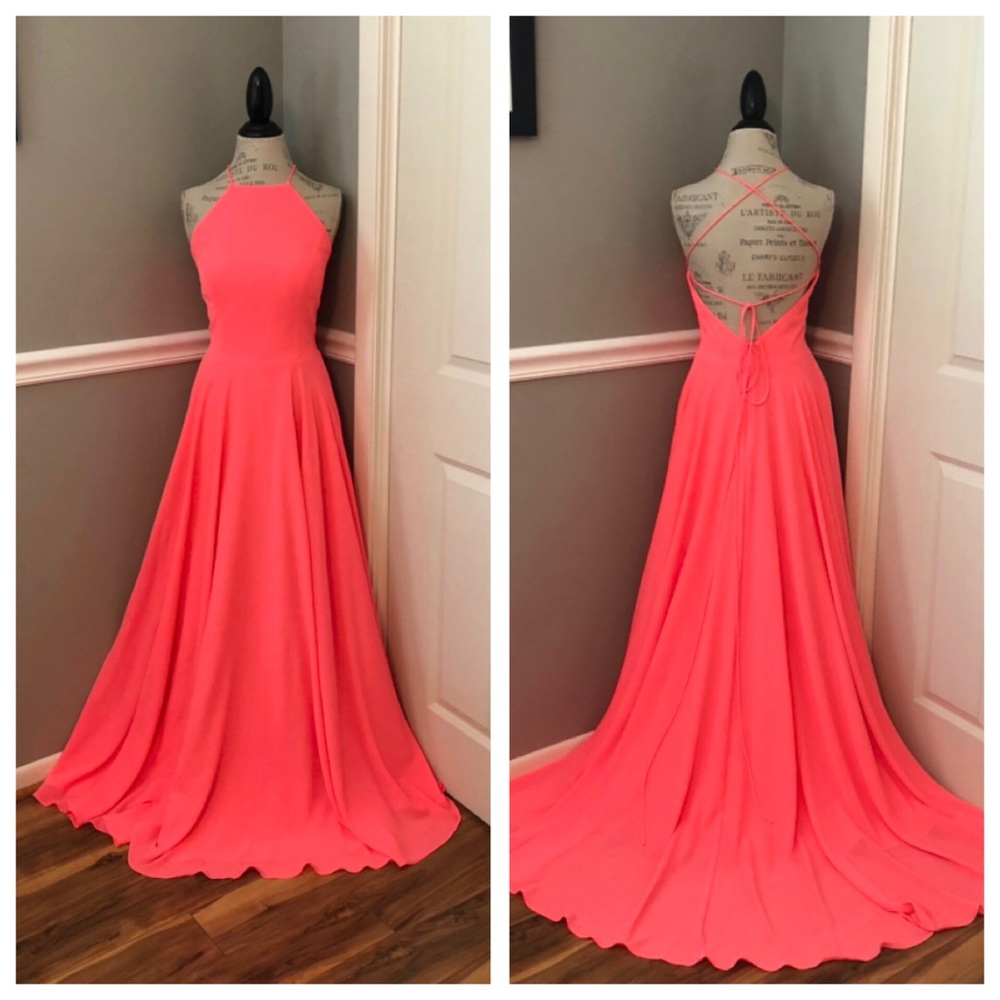 NEW STUDIO 17 NEON PINK SZ 12 CHIFFON HALTER LACE BACK FORMAL EVENING GOWN